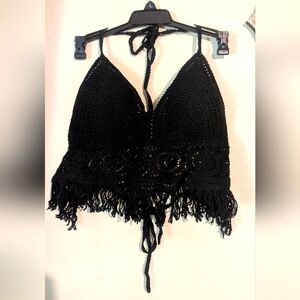 Black Crochet Fringe Halter Top